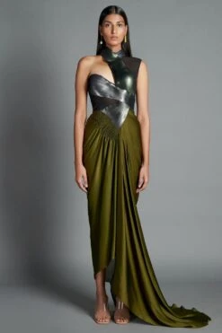Amit Aggarwal Olive Green Metallic Moulded Draped Gown