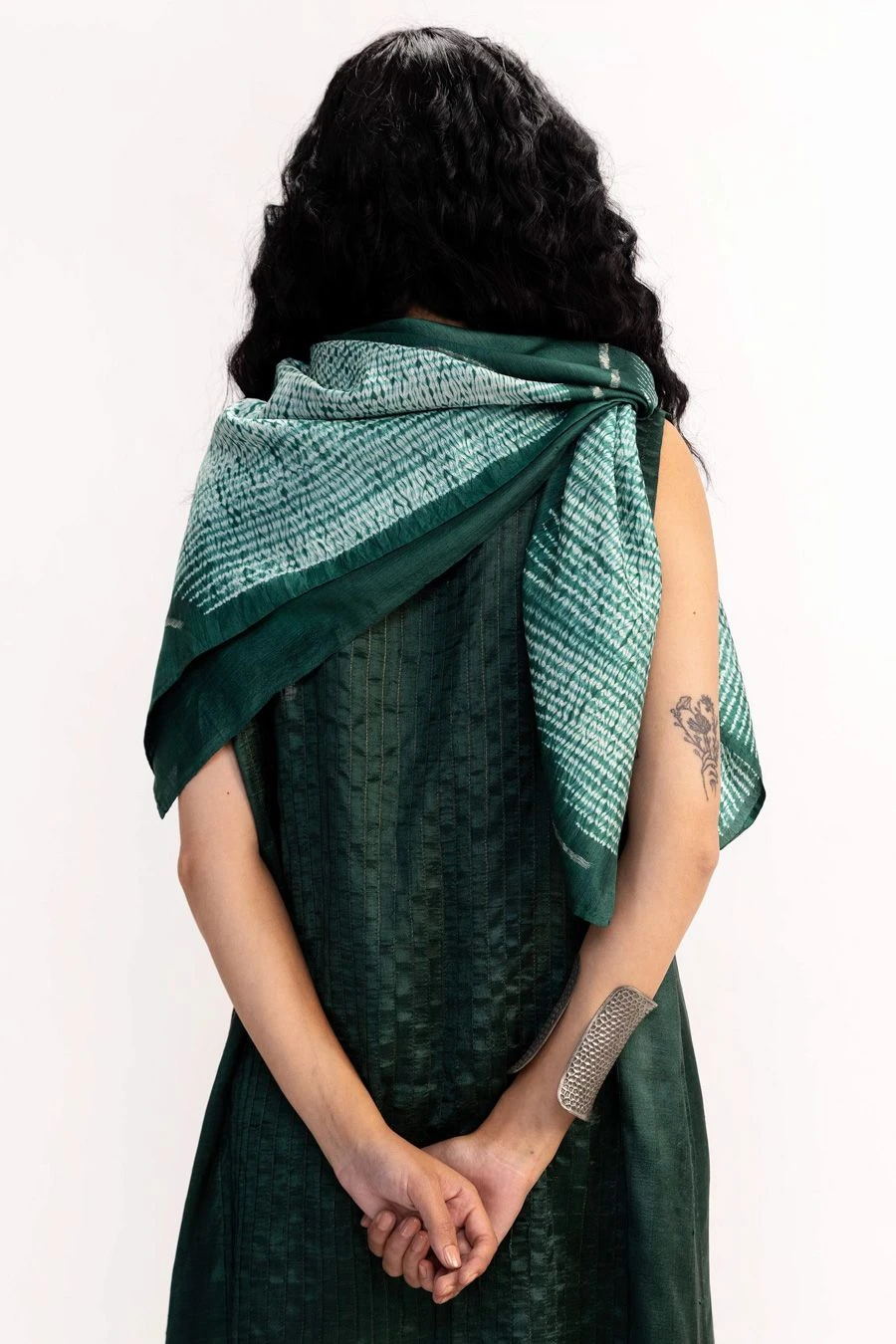 Medium Bottle Green Jamdani & Shibori Scarf 4 Medium Bottle Green Jamdani & Shibori Scarf - Image 2