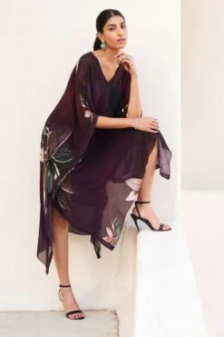 Varun Bahl Pret Burgundy Botanical Printed Long Kaftan