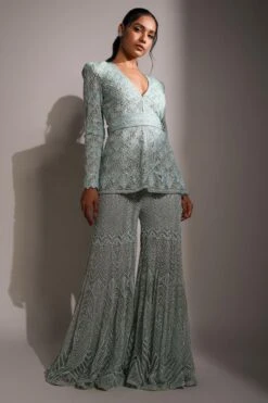 Ritika Mirchandani Aqua Geometric Embroidered Sharara Set