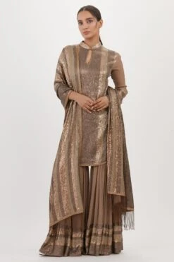 Nakul Sen Brown Sequinned Striped Sharara Set