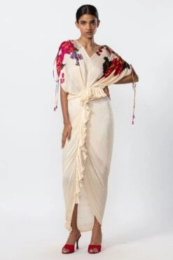 Saaksha & Kinni Ivory Floral Pleated Sari Dress