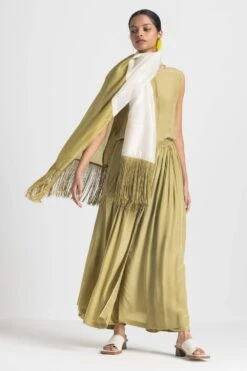 Three Moss Green Fringed Scarf