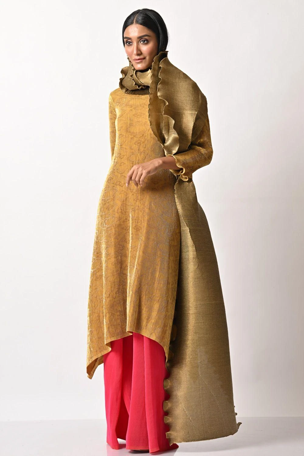 Kiran Uttam Ghosh Mustard Pleated Embroidered Kaftan 3 Kiran Uttam Ghosh Mustard Pleated Embroidered Kaftan