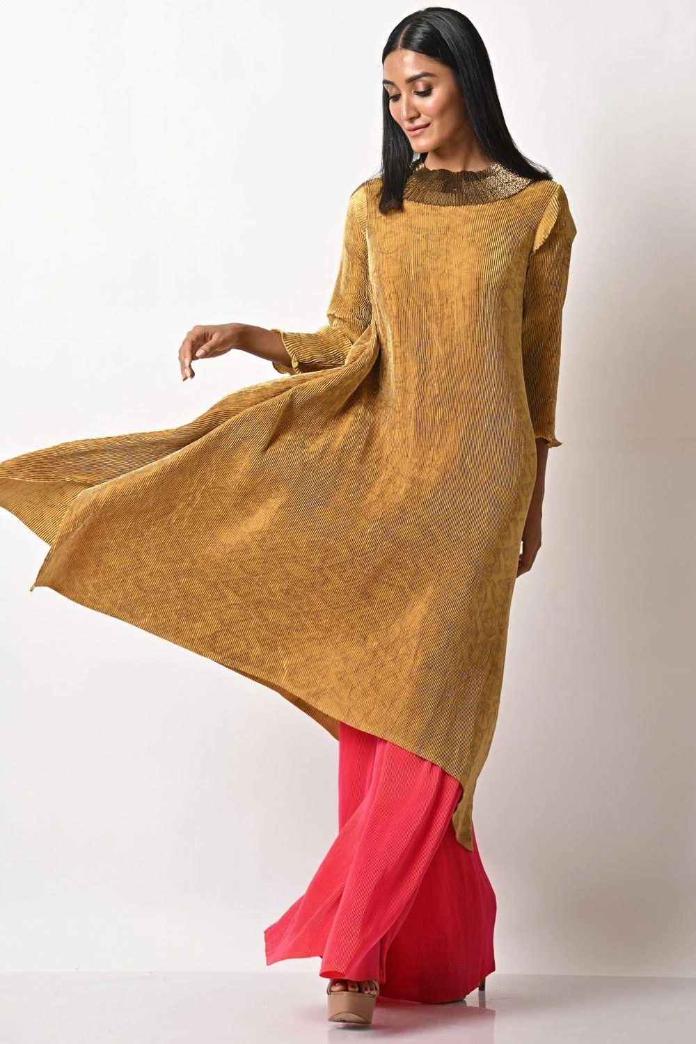 Kiran Uttam Ghosh Mustard Pleated Embroidered Kaftan 4 Kiran Uttam Ghosh Mustard Pleated Embroidered Kaftan - Image 2