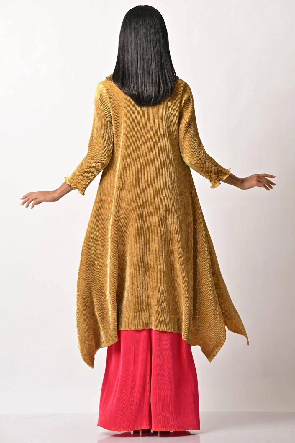 Kiran Uttam Ghosh Mustard Pleated Embroidered Kaftan 7 Kiran Uttam Ghosh Mustard Pleated Embroidered Kaftan - Image 5