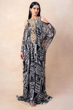 Nikita Mhaisalkar Black Abstract Printed Hand Done Kaftan