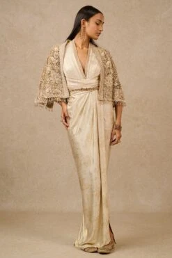 Tarun Tahiliani Gold Gara Embroidered Cape & Dress Set -Deals Toggora Store 16923tt37 2