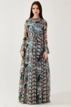 KoAi Sky Blue And Green Floral Long Dress