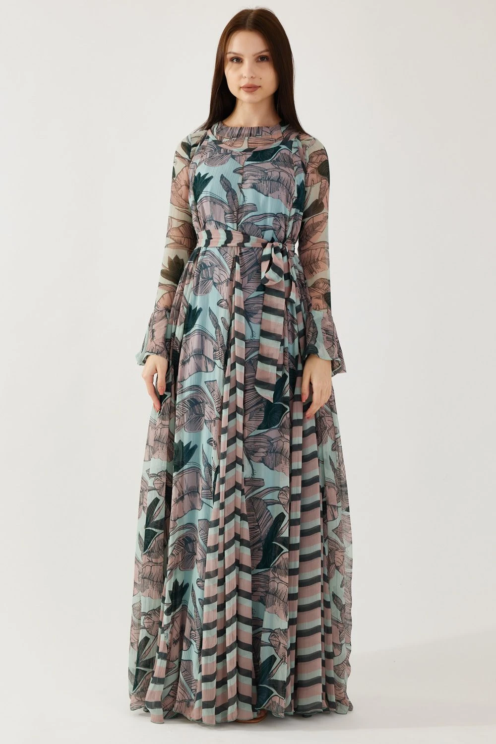 KoAi Sky Blue And Green Floral Long Dress 3 KoAi Sky Blue And Green Floral Long Dress