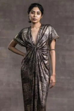 Tarun Tahiliani Black Draped Foil Jersey Dress