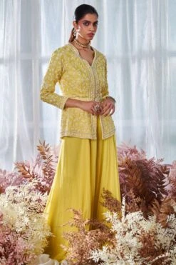 Devika Bhayana Yellow Beaded Top With Sharara