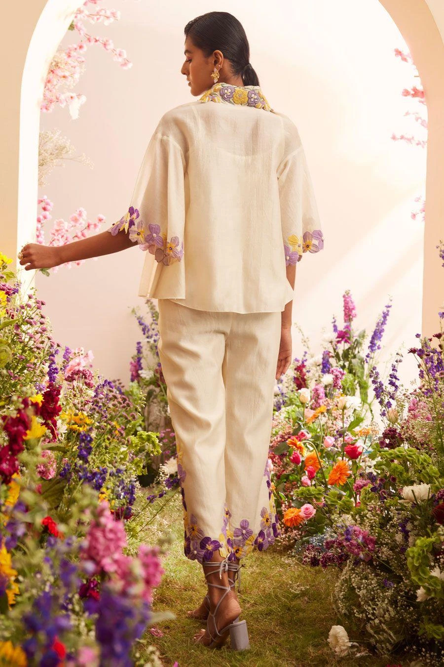 Chandrima Ivory Floral Applique Cropped Pants 4 Chandrima Ivory Floral Applique Cropped Pants - Image 2