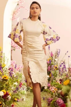 Chandrima Ivory Floral Gathered Dress