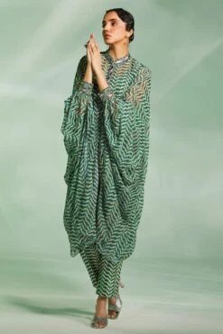 Divya Aggarwal Green Mirrorwork Kaftan Set