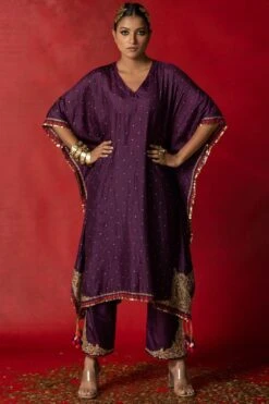 Pooja Keyur Purple Embroidered Silk Kaftan Set