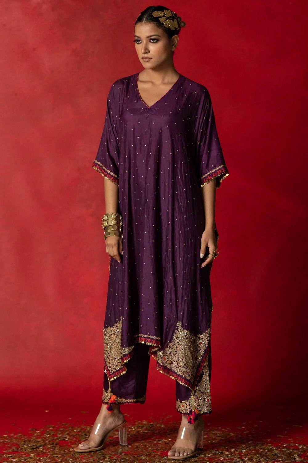 Pooja Keyur Purple Embroidered Silk Kaftan Set 4 Pooja Keyur Purple Embroidered Silk Kaftan Set - Image 2