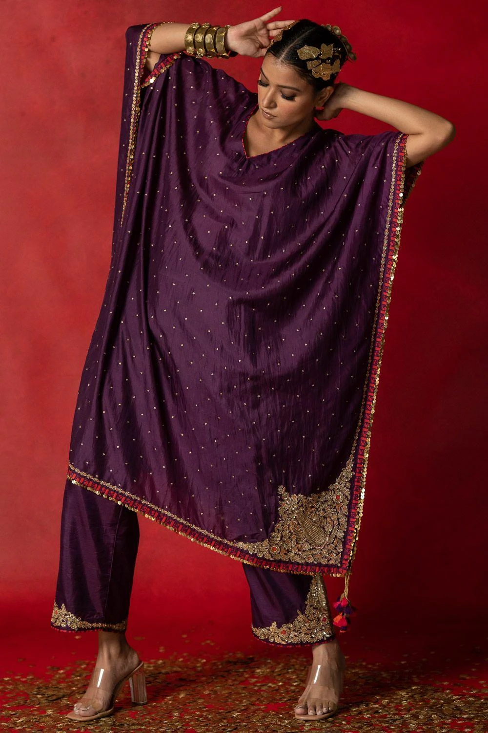 Pooja Keyur Purple Embroidered Silk Kaftan Set 5 Pooja Keyur Purple Embroidered Silk Kaftan Set - Image 3