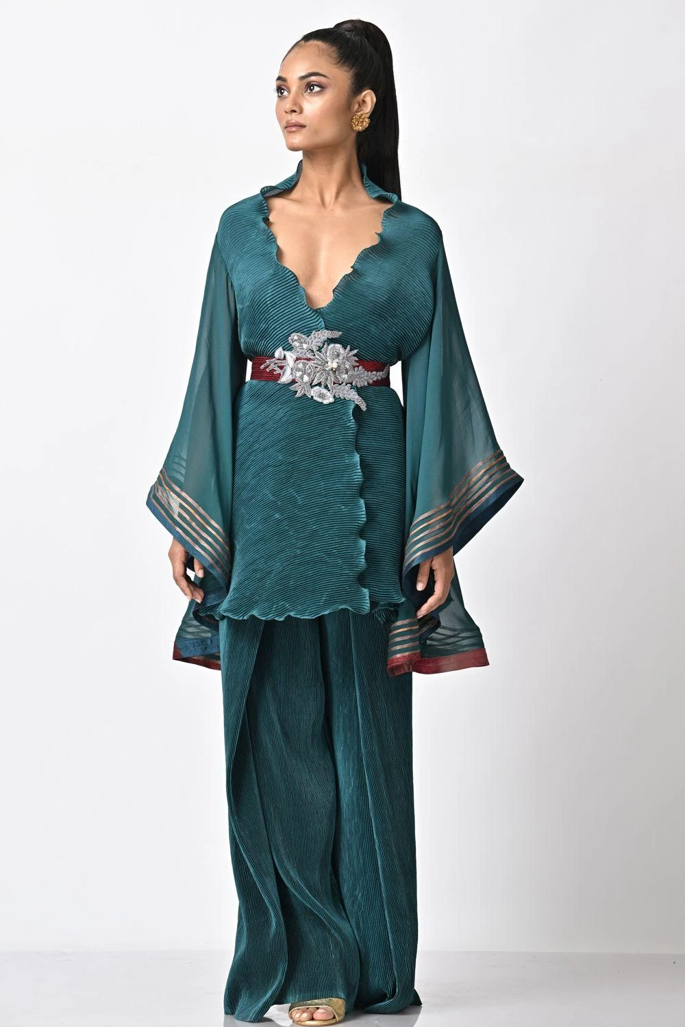 Kiran Uttam Ghosh Blue & Green Pleated Pants 3 Kiran Uttam Ghosh Blue & Green Pleated Pants