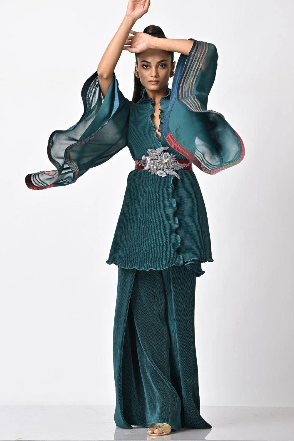 Kiran Uttam Ghosh Blue & Green Pleated Pants 4 Kiran Uttam Ghosh Blue & Green Pleated Pants - Image 2