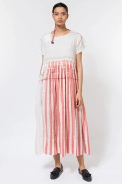 Injiri White & Red Striped Jamdani Dress