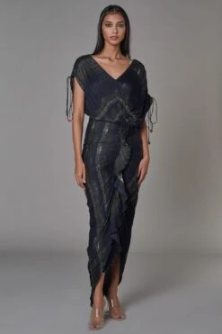 Saaksha & Kinni Hand Micro Pleated V-neck Sari Dress With Ruffles