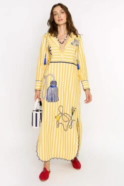 Rara Avis Yellow Hand Embellished Kaftan With A Hood