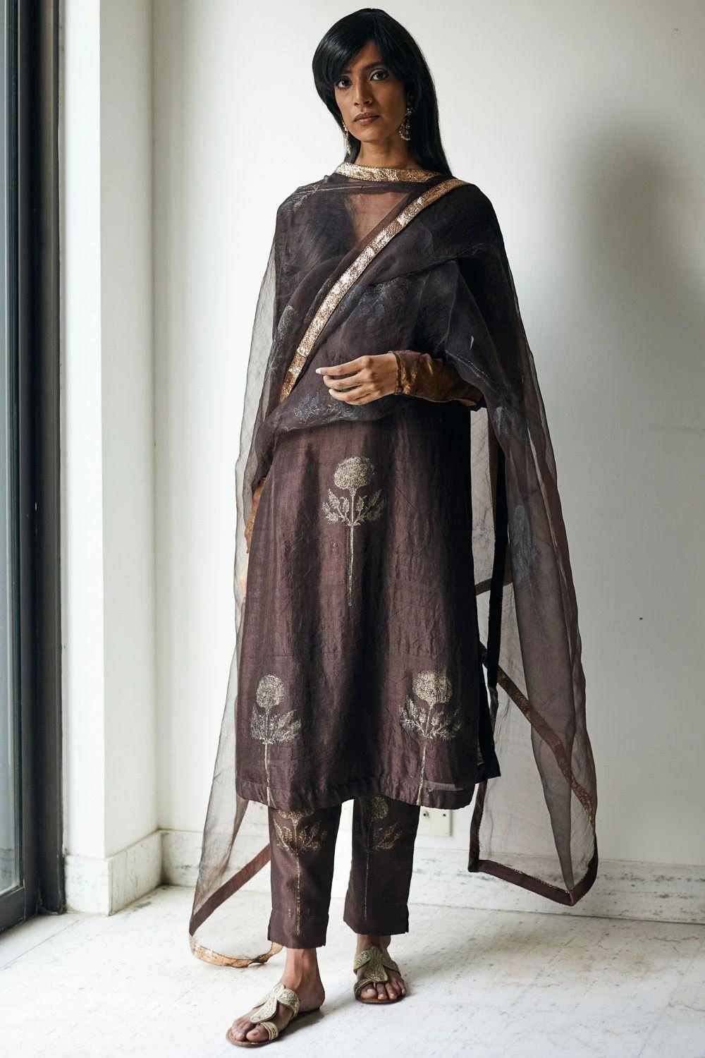 Shorshe Silk Organza Brown Stole 3 Shorshe Silk Organza Brown Stole