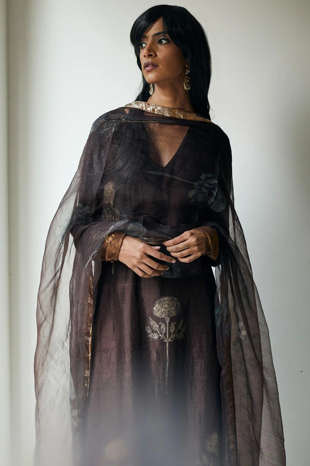 Shorshe Silk Organza Brown Stole 4 Shorshe Silk Organza Brown Stole - Image 2