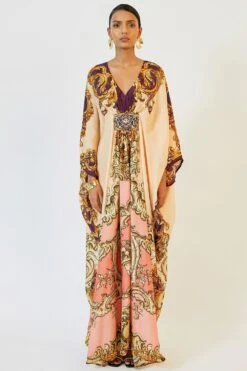 Rajdeep Ranawat Warm Blush Printed Kaftan With Jeweled Waist