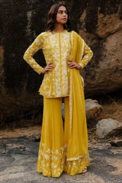 Mishru Yellow Floral Embroidered Sharara Set