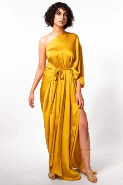Stephany Mustard Yellow Satin One Shoulder Dress