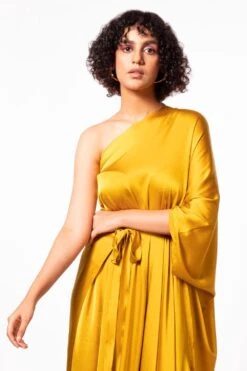 Stephany Mustard Yellow Satin One Shoulder Dress -Deals Toggora Store 297step10 4
