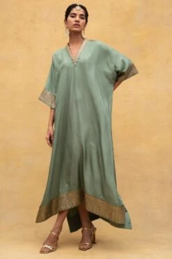 Jayanti Reddy Green Embellished Kaftan With Benarasi Borders