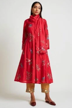 Payal Pratap Red Chanderi Embroidered Scarf