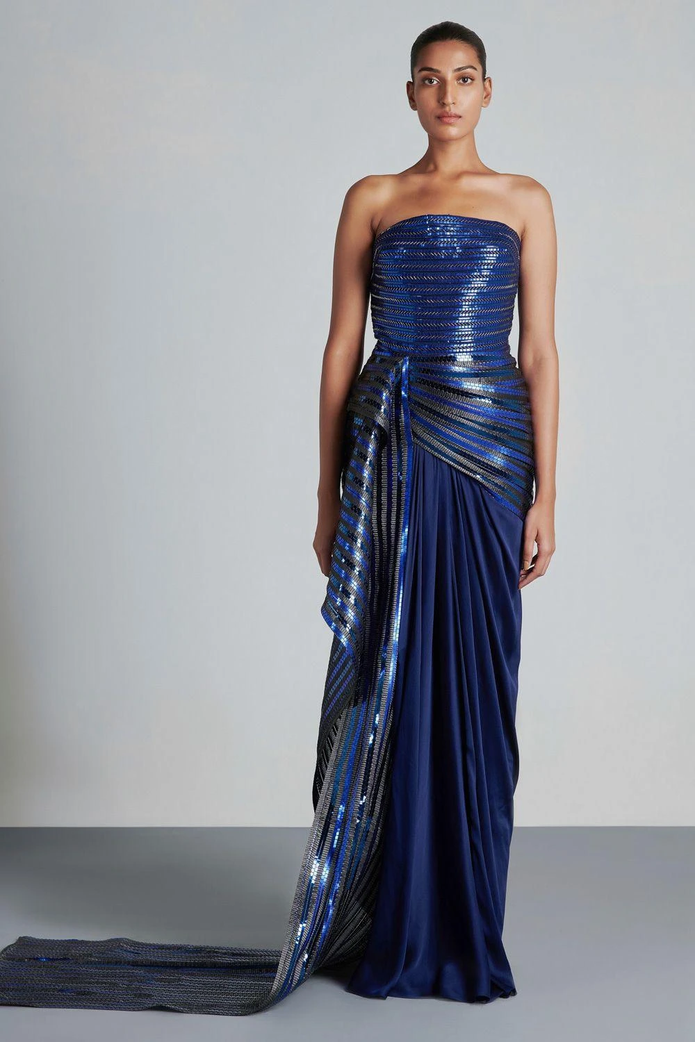 Amit Aggarwal Metallic Blue Draped Gown 3 Amit Aggarwal Metallic Blue Draped Gown