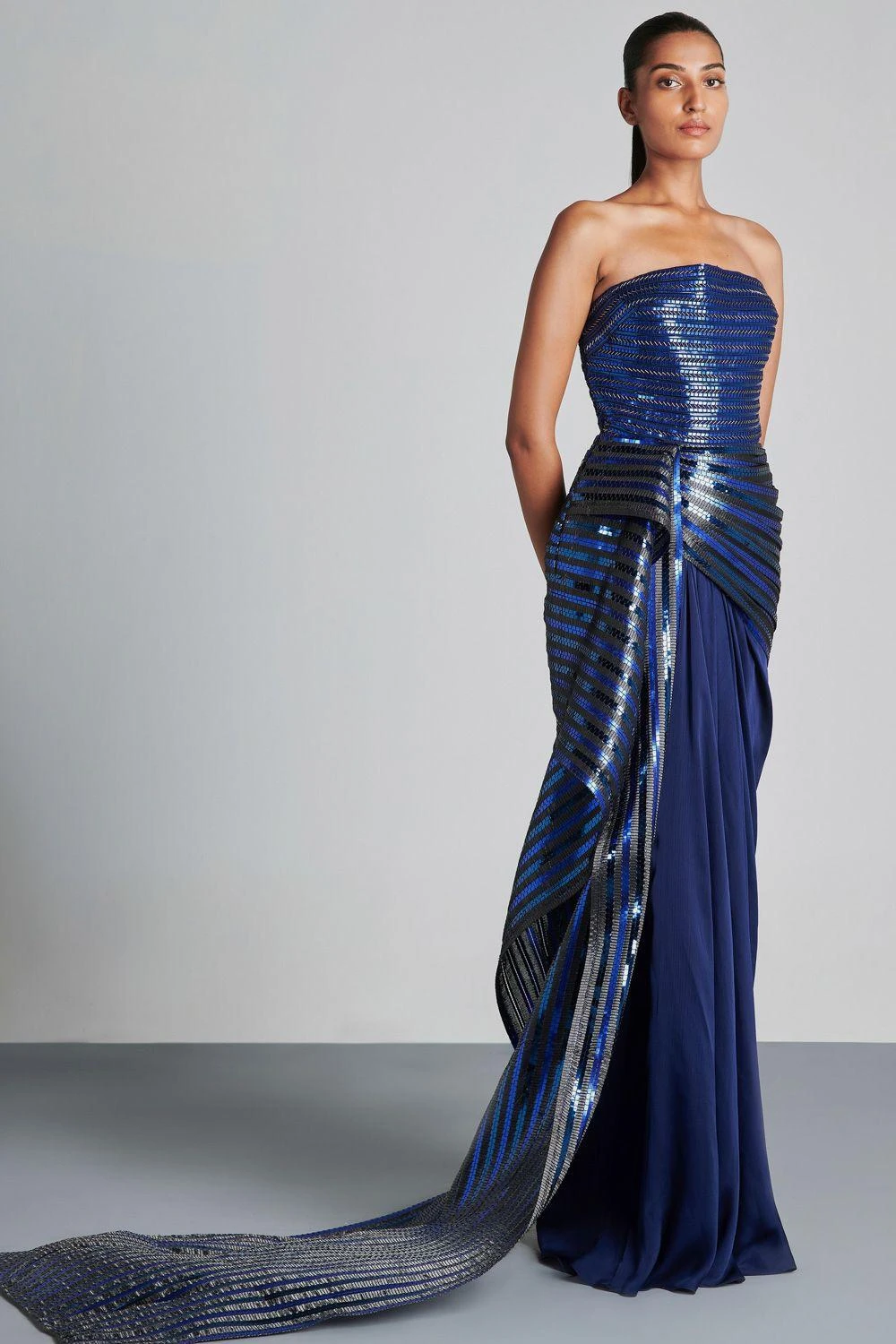 Amit Aggarwal Metallic Blue Draped Gown 4 Amit Aggarwal Metallic Blue Draped Gown - Image 2