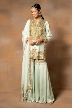 Ahilian Mint Green Embroidered Sharara Set