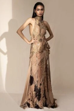 Abhishek Sharma Champagne Textured Halter Neck Gown With Trail