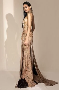 Abhishek Sharma Champagne Textured Halter Neck Gown With Trail 9 Abhishek Sharma Champagne Textured Halter Neck Gown With Trail -Deals Toggora Store 65as27 3