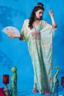 CAPISVIRLEO Mint Green Cotton Silk Kaftan Dress -Deals Toggora Store 88cap32 3