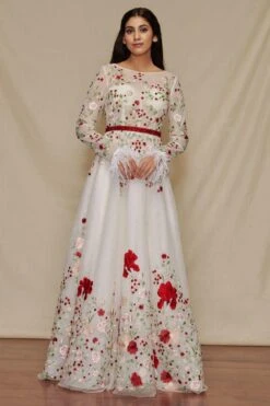 Shriya Som Ivory Floral Embroidered Gown With Belt
