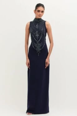 Mala And Kinnary Navy Blue Crystal Embellished Dress