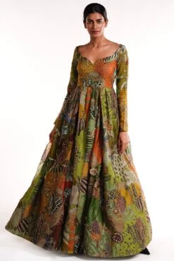 Aisha Rao Olive Green Printed & Embellished Organza Gown