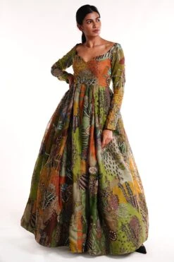 Aisha Rao Olive Green Printed & Embellished Organza Gown -Deals Toggora Store arogtf go02 2