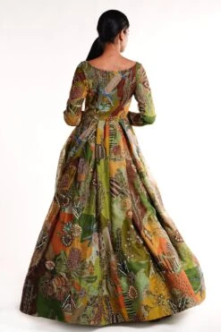 Aisha Rao Olive Green Printed & Embellished Organza Gown -Deals Toggora Store arogtf go02 4