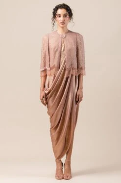 Tarun Tahiliani Old Rose Cape & Draped Dress Set