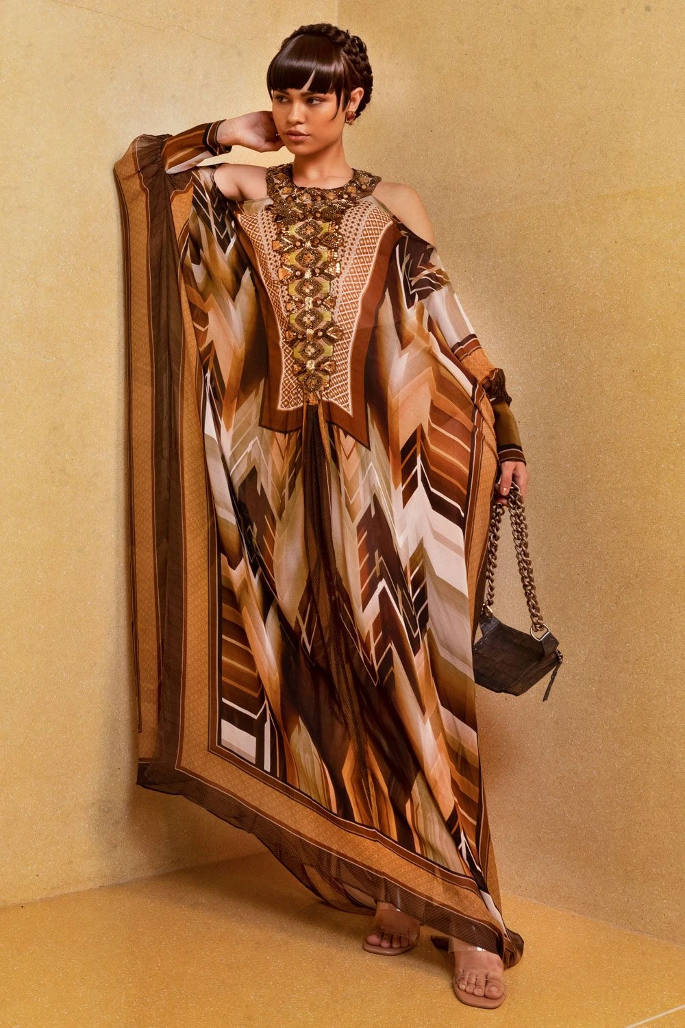 Nikita Mhaisalkar Coffee Embellished Kaftan 5 Nikita Mhaisalkar Coffee Embellished Kaftan - Image 3