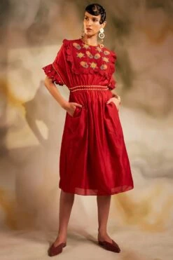 Chandrima Red Chanderi Smocked Beadwork Dress