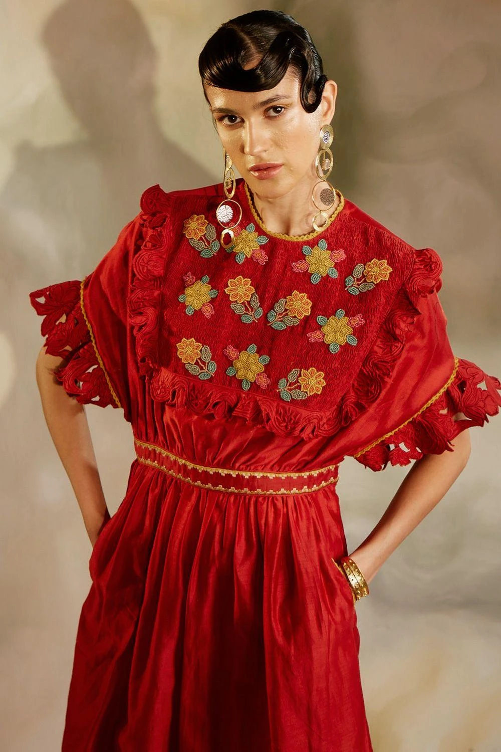 Chandrima Red Chanderi Smocked Beadwork Dress 4 Chandrima Red Chanderi Smocked Beadwork Dress - Image 2